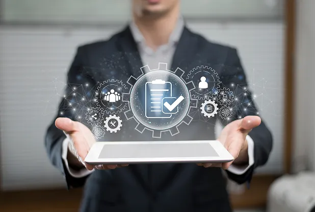 Professional holding digital integration icons